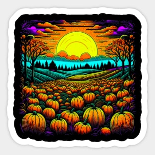 Vintage Retro Sunset Of Pumpkins in the Patch Sticker